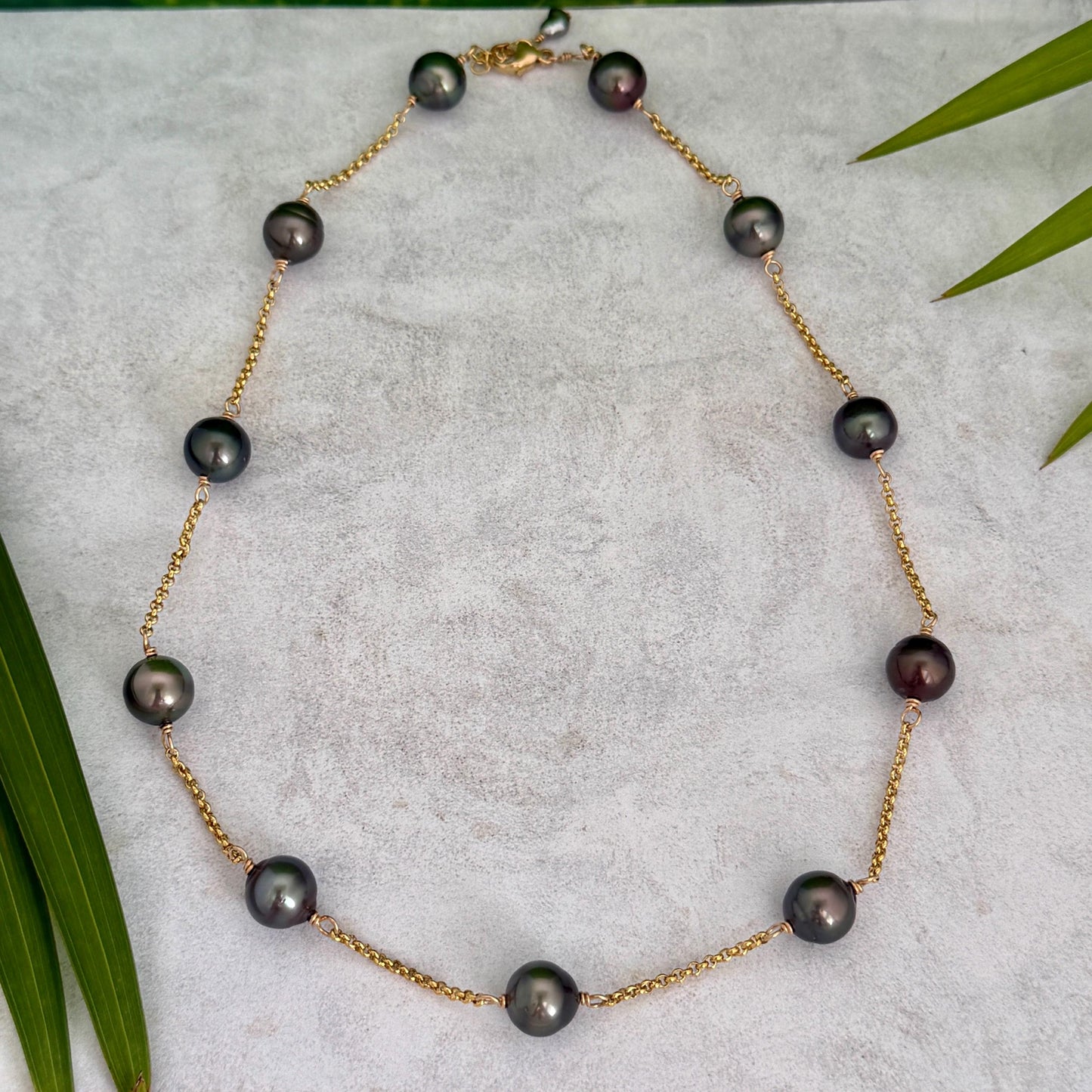 Tahitian Pearl choker Necklace • Gold filled link chain • 11 pearls