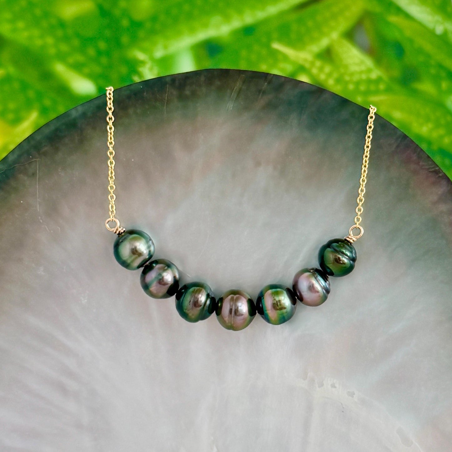 Tahitian Pearl Necklace • U Bar style • Gold filled • 7 Peacock colors