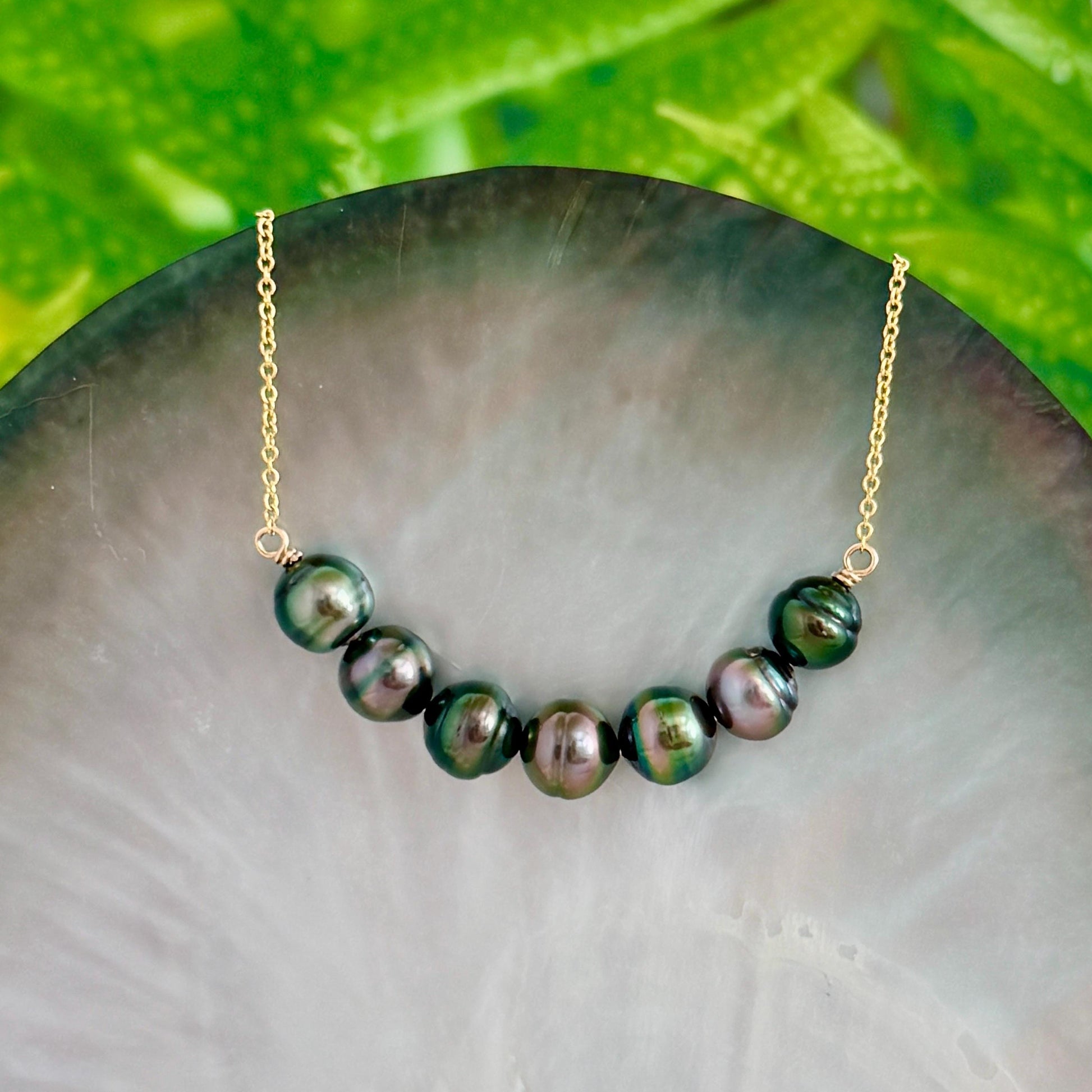 Tahitian Pearl Necklace • U Bar style • Gold filled • 7 Peacock colors