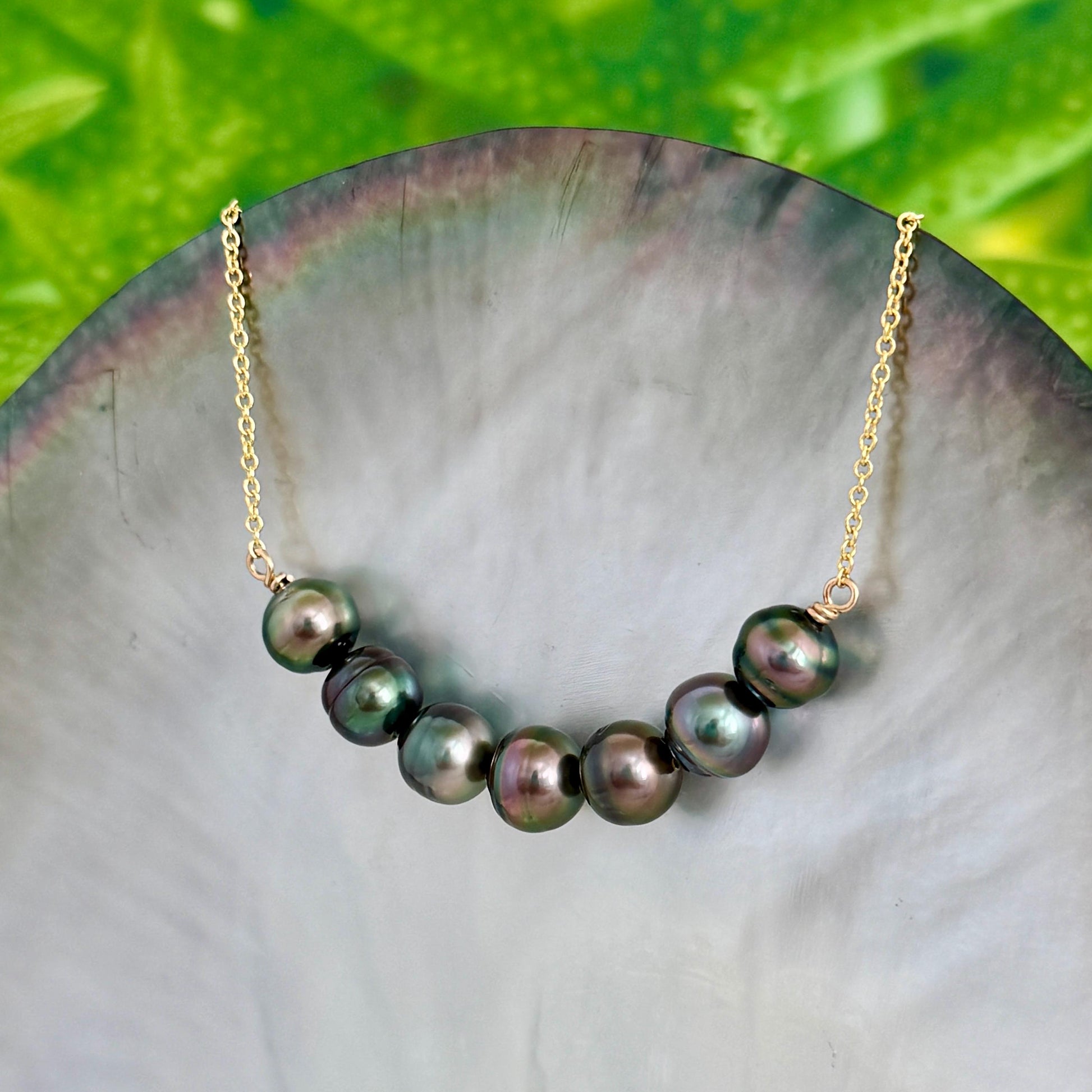 Tahitian Pearl Necklace • U Bar style • Gold filled • 7 Peacock, Purple, Aubergine colors