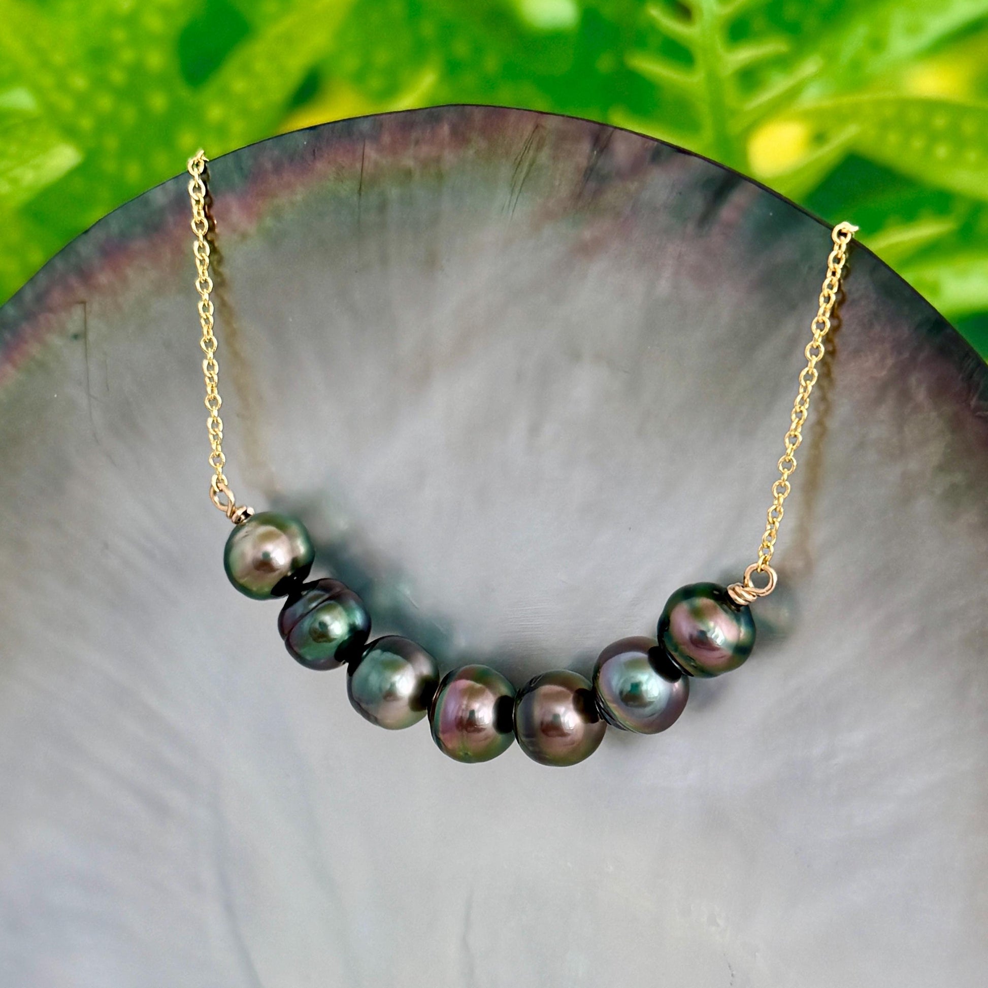 Tahitian Pearl Necklace • U Bar style • Gold filled • 7 Peacock, Purple, Aubergine colors