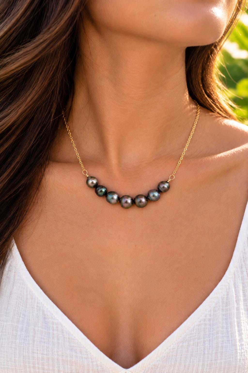 Tahitian Pearl Necklace • U Bar style • Gold filled • 7 Peacock, Purple, Aubergine colors