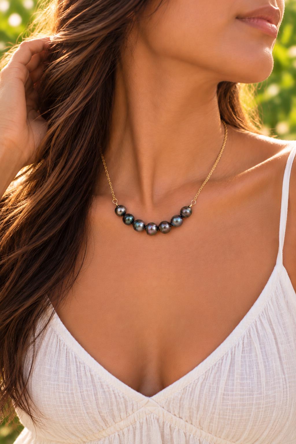 Tahitian Pearl Necklace • U Bar style • Gold filled • 7 Peacock, Purple, Aubergine colors