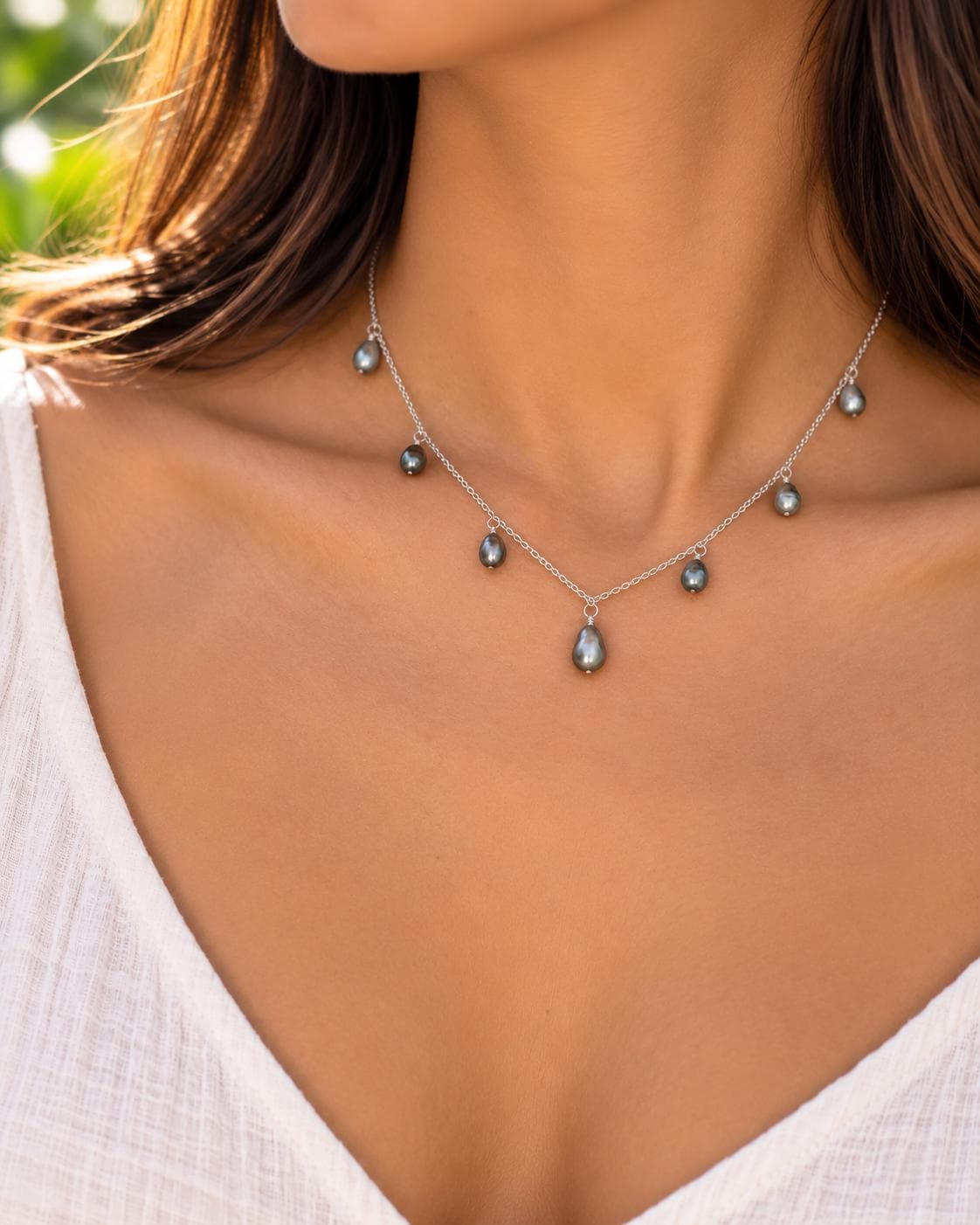 Tahitian Keshi Pearl necklace • Dangle gems in Sterling Silver