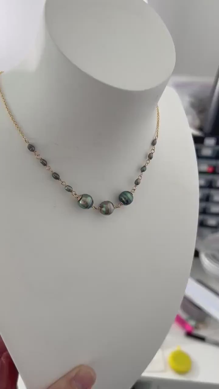 Tahitian Pearl Necklace – Genuine Pearls and Keshi Accents with Chain, Handmade in Hawaii