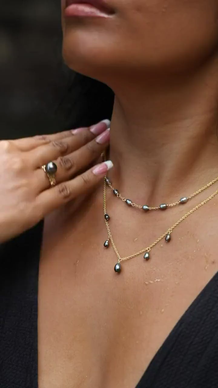 Tahitian Keshi Pearl necklace • Dangle gems in Sterling Silver
